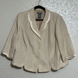 Koret Jacquard Floral Cropped Blazer Satin Trim Scalloped Hem Beige Classic 18WP